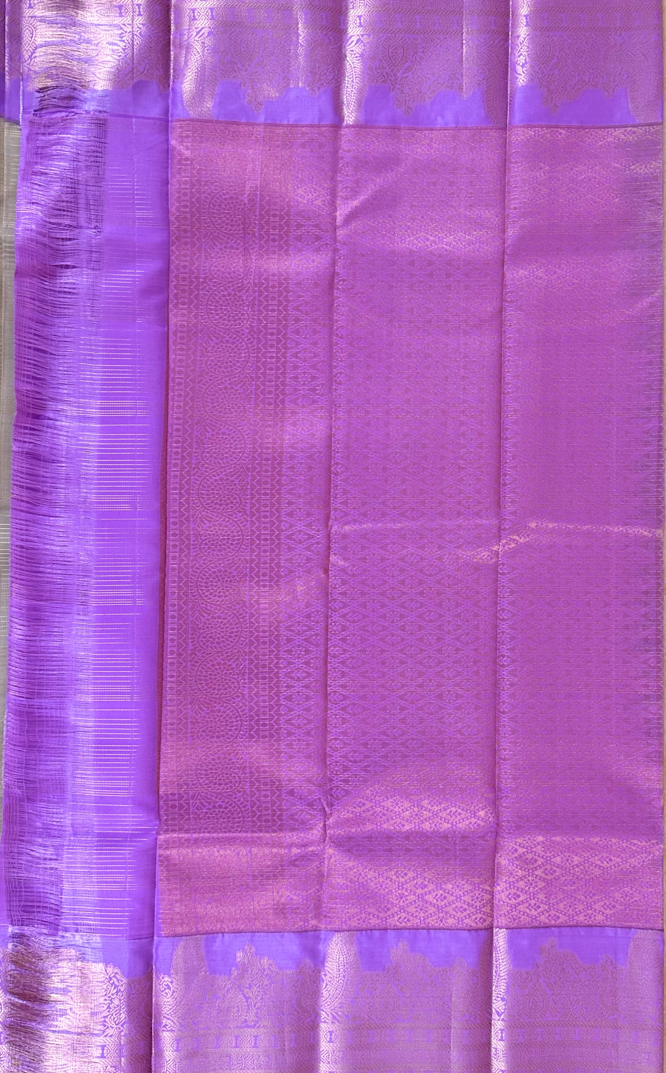 Luxury Silk Blend Kanchipuram Pattu |Grey Striped Body | Lavender Zari Border