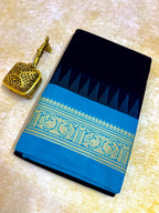 Pure Chettinad Handloom Cotton Saree – Black body and blue Korvai Border with Temple Design