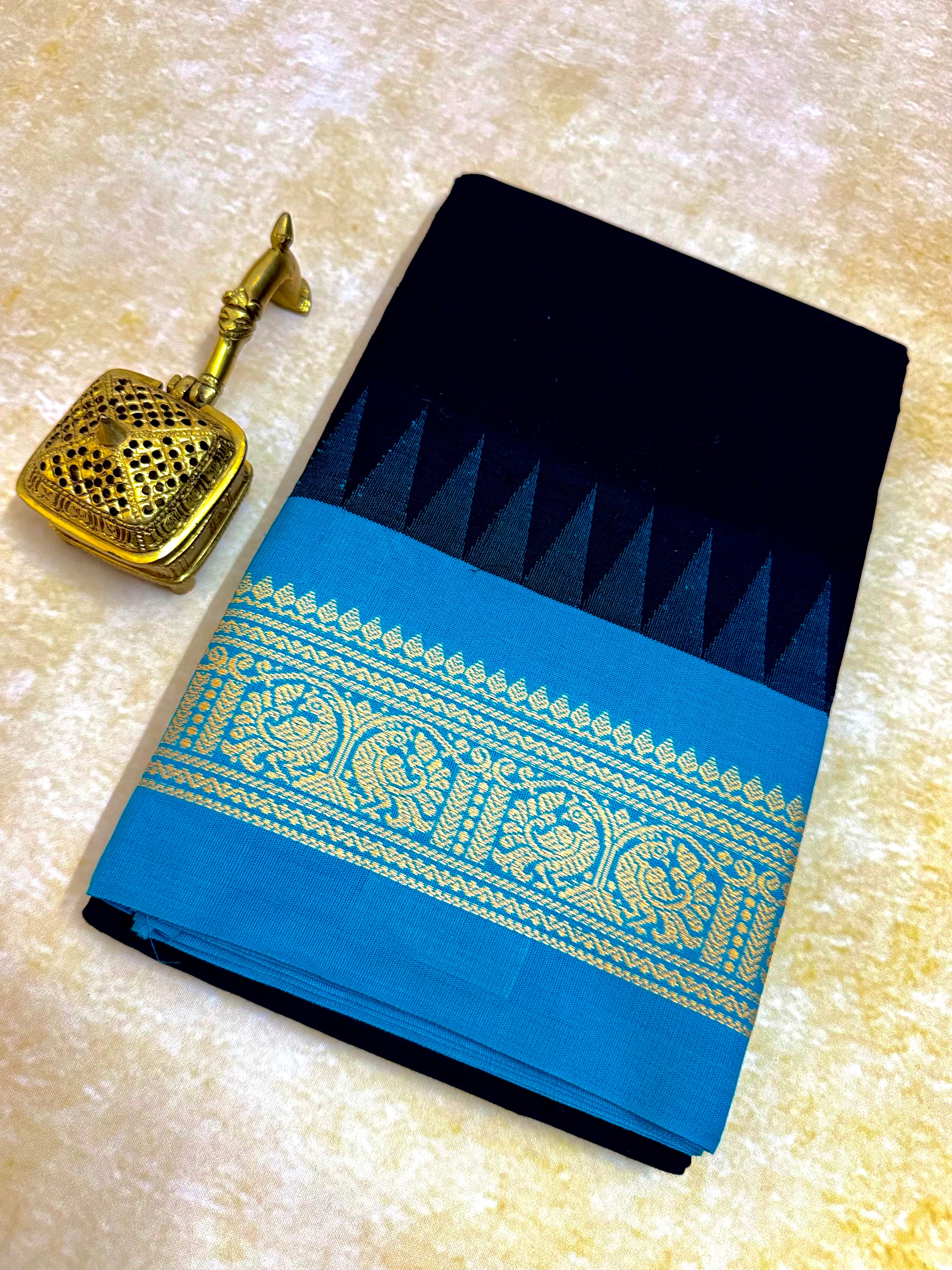 Pure Chettinad Handloom Cotton Saree – Black body and blue Korvai Border with Temple Design