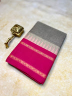 Pure Chettinad Handloom Cotton Saree – Grey with Double-Side Pink Korvai Rettaipet border with Temple design