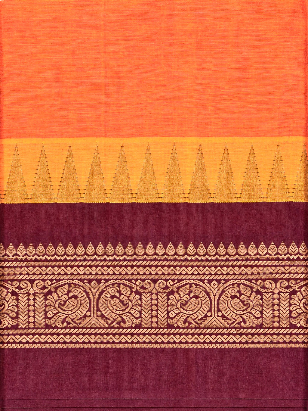 Pure Chettinad Handloom Cotton Saree – Orange body and Maroon Korvai Border with Temple Design