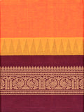 Pure Chettinad Handloom Cotton Saree – Orange body and Maroon Korvai Border with Temple Design