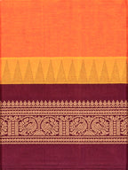Pure Chettinad Handloom Cotton Saree – Orange body and Maroon Korvai Border with Temple Design