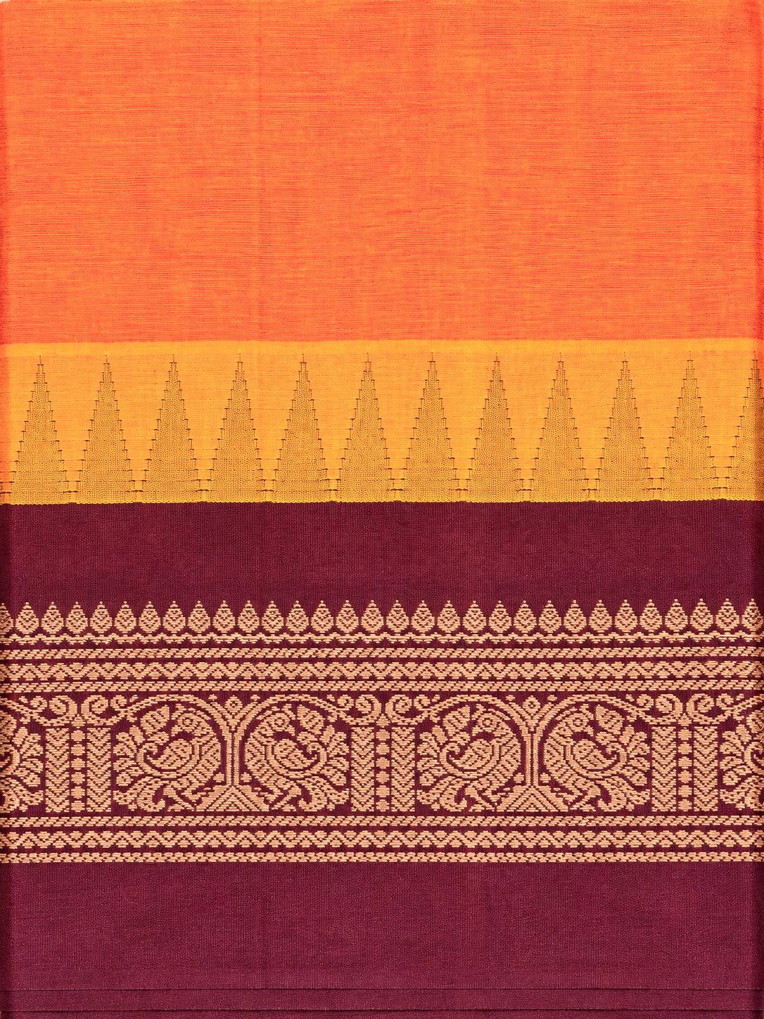 Pure Chettinad Handloom Cotton Saree – Orange body and Maroon Korvai Border with Temple Design