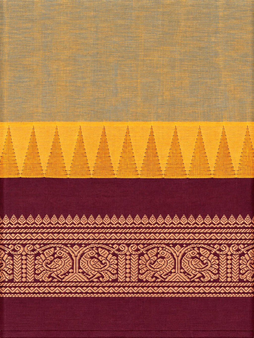 Pure Chettinad Handloom Cotton Saree – Dual shade body and maroon Korvai Border with Temple Design
