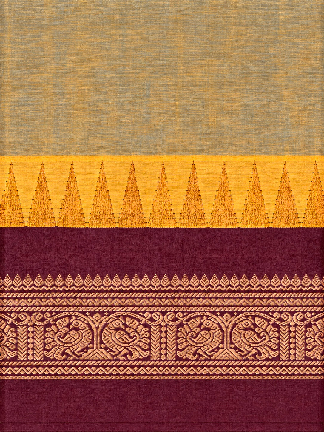 Pure Chettinad Handloom Cotton Saree – Dual shade body and maroon Korvai Border with Temple Design