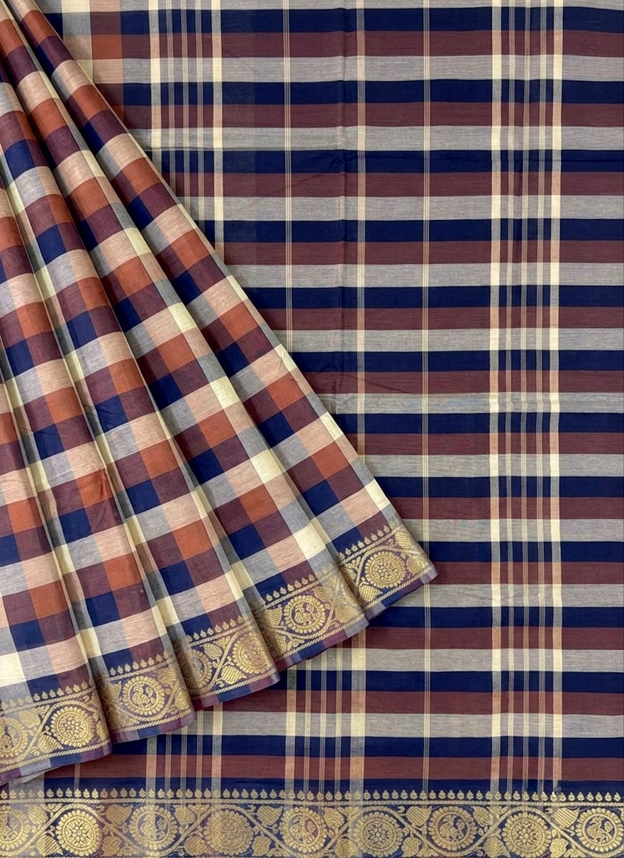 Madras Checks – Navy Blue with Beige Pure Cotton Saree