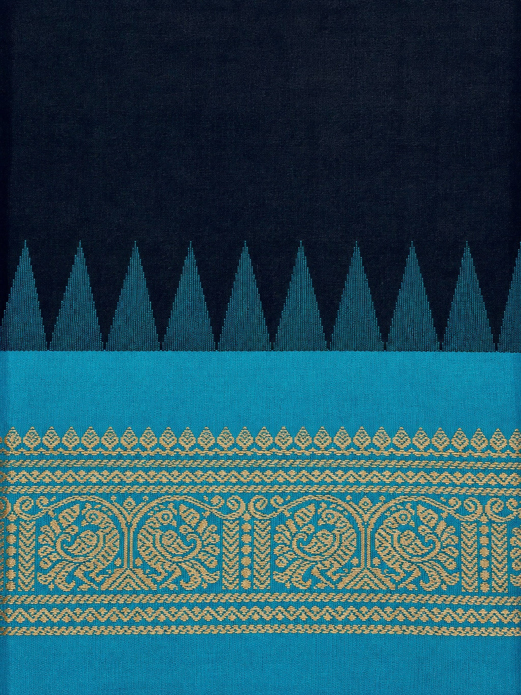 Pure Chettinad Handloom Cotton Saree – Black body and blue Korvai Border with Temple Design