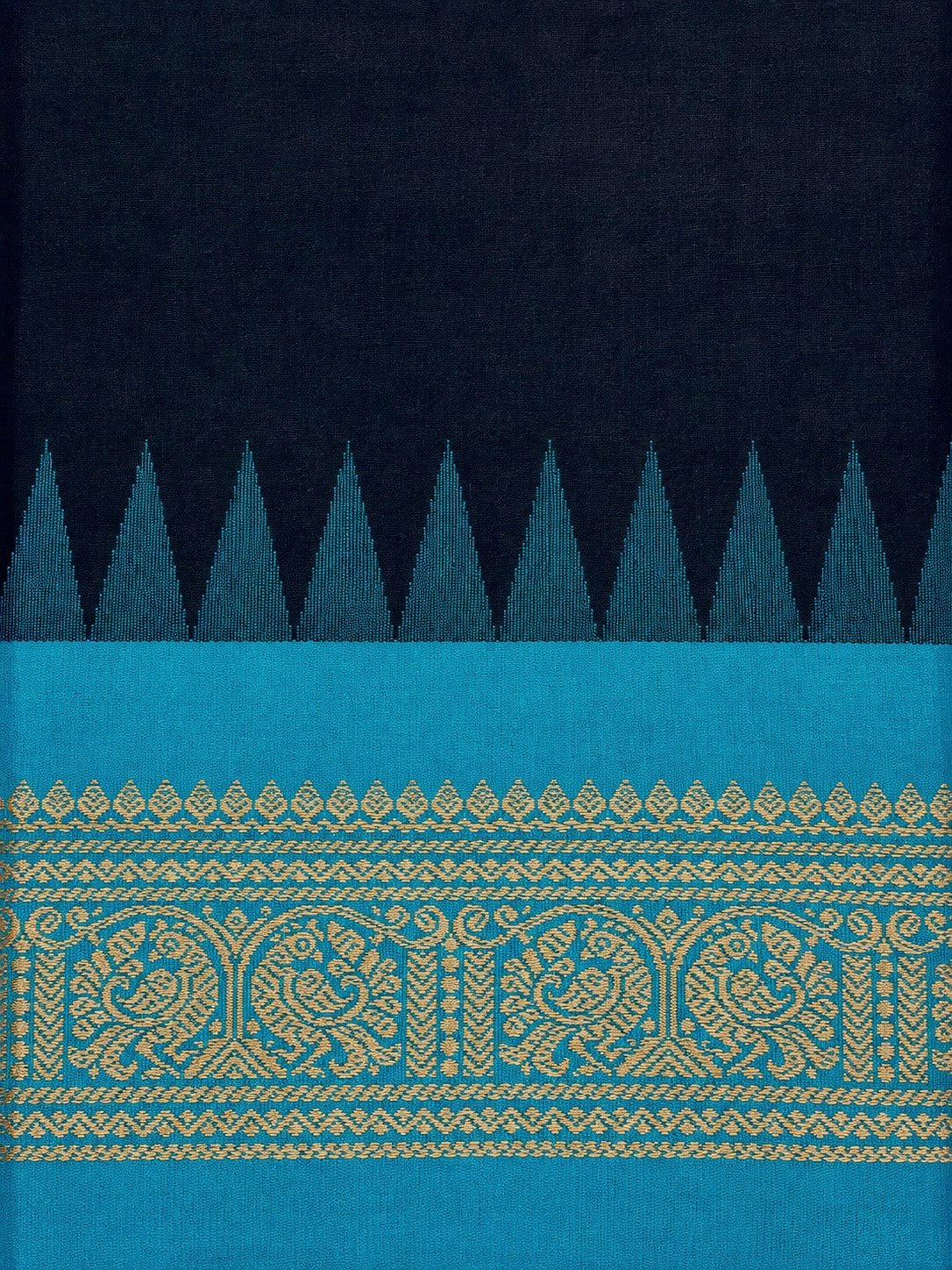 Pure Chettinad Handloom Cotton Saree – Black body and blue Korvai Border with Temple Design