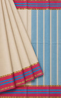 Kerala Kasavu Inspired Saree with Blue and Pink Striped Border