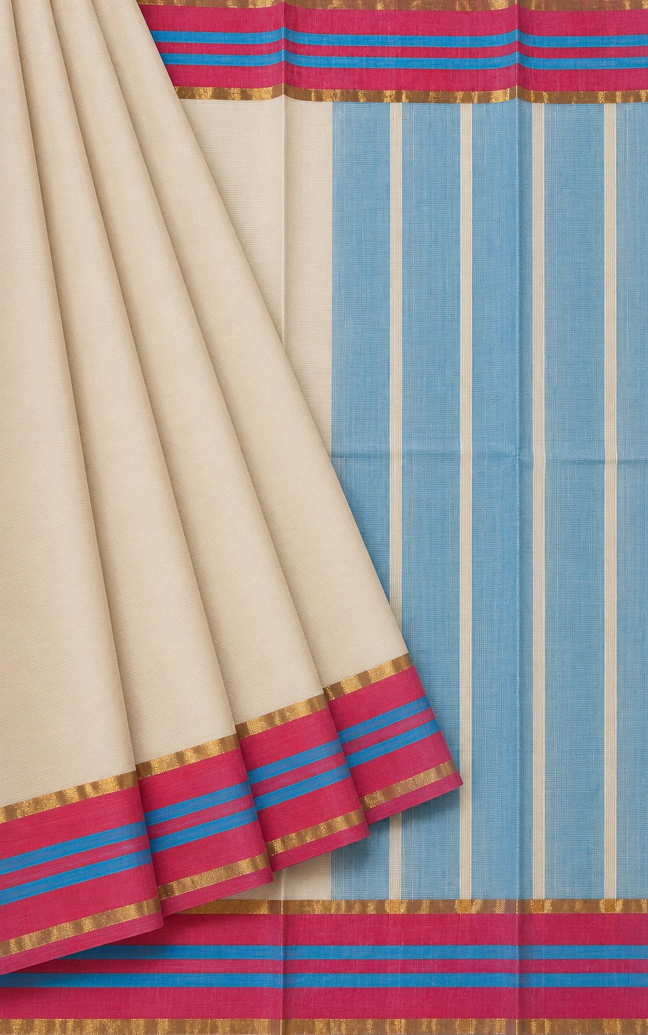 Kerala Kasavu Inspired Saree with Blue and Pink Striped Border