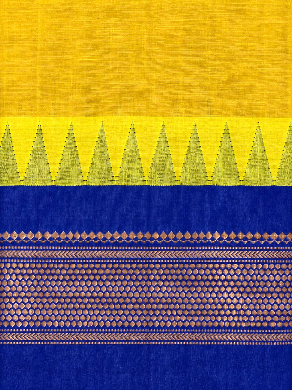 Pure Chettinad Handloom Cotton Saree – Yellow body and Blue Korvai Border with Temple Design