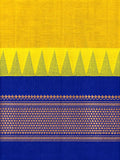 Pure Chettinad Handloom Cotton Saree – Yellow body and Blue Korvai Border with Temple Design