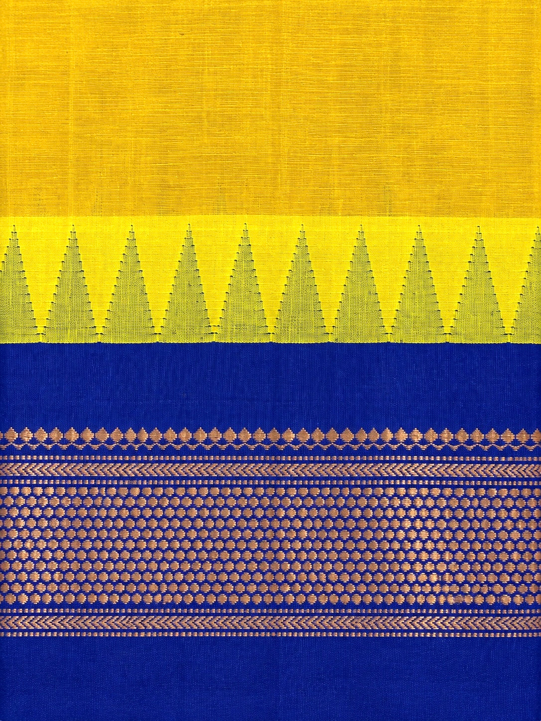 Pure Chettinad Handloom Cotton Saree – Yellow body and Blue Korvai Border with Temple Design