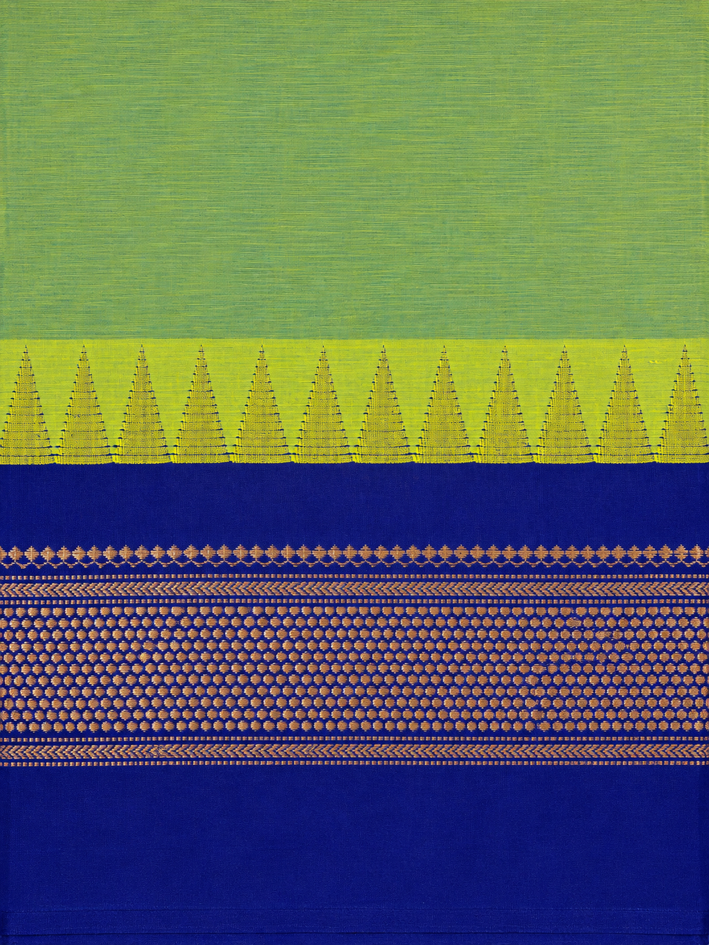 Pure Chettinad Handloom Cotton Saree – Green body and blue Korvai Border with Temple Design
