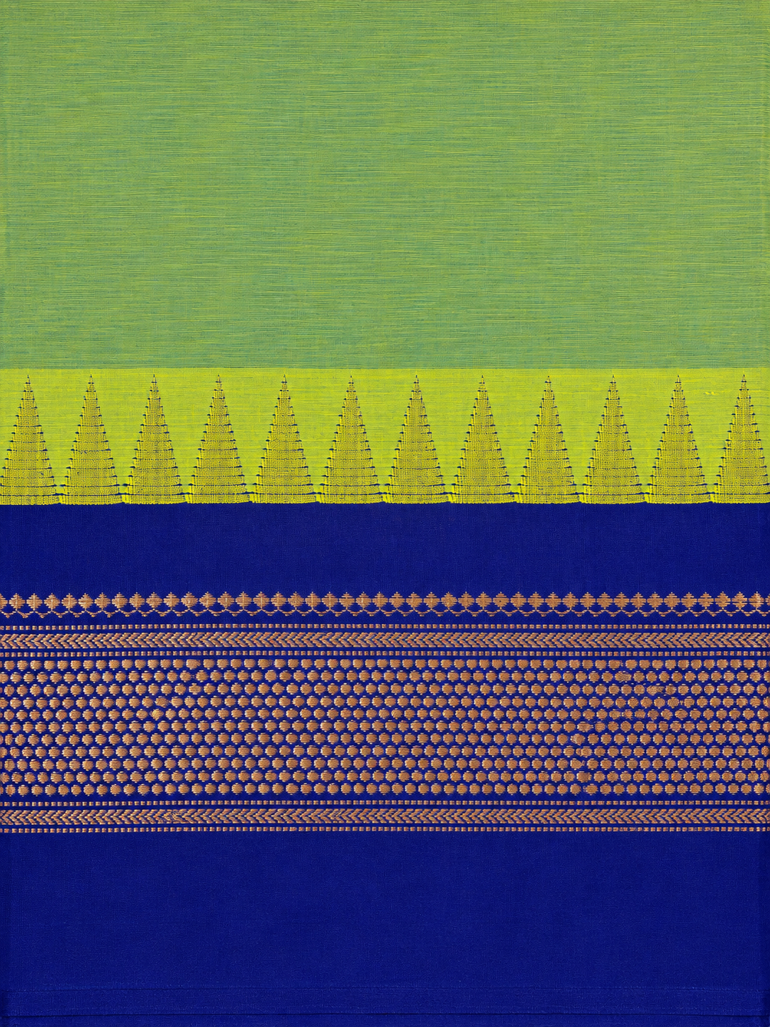 Pure Chettinad Handloom Cotton Saree – Green body and blue Korvai Border with Temple Design